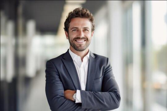 Portrait of young smiling handsome bearded man in glasses looking at camera chatting with wife friend by videocall. Millennial male team leader organize virtual meeting workshop with employees online